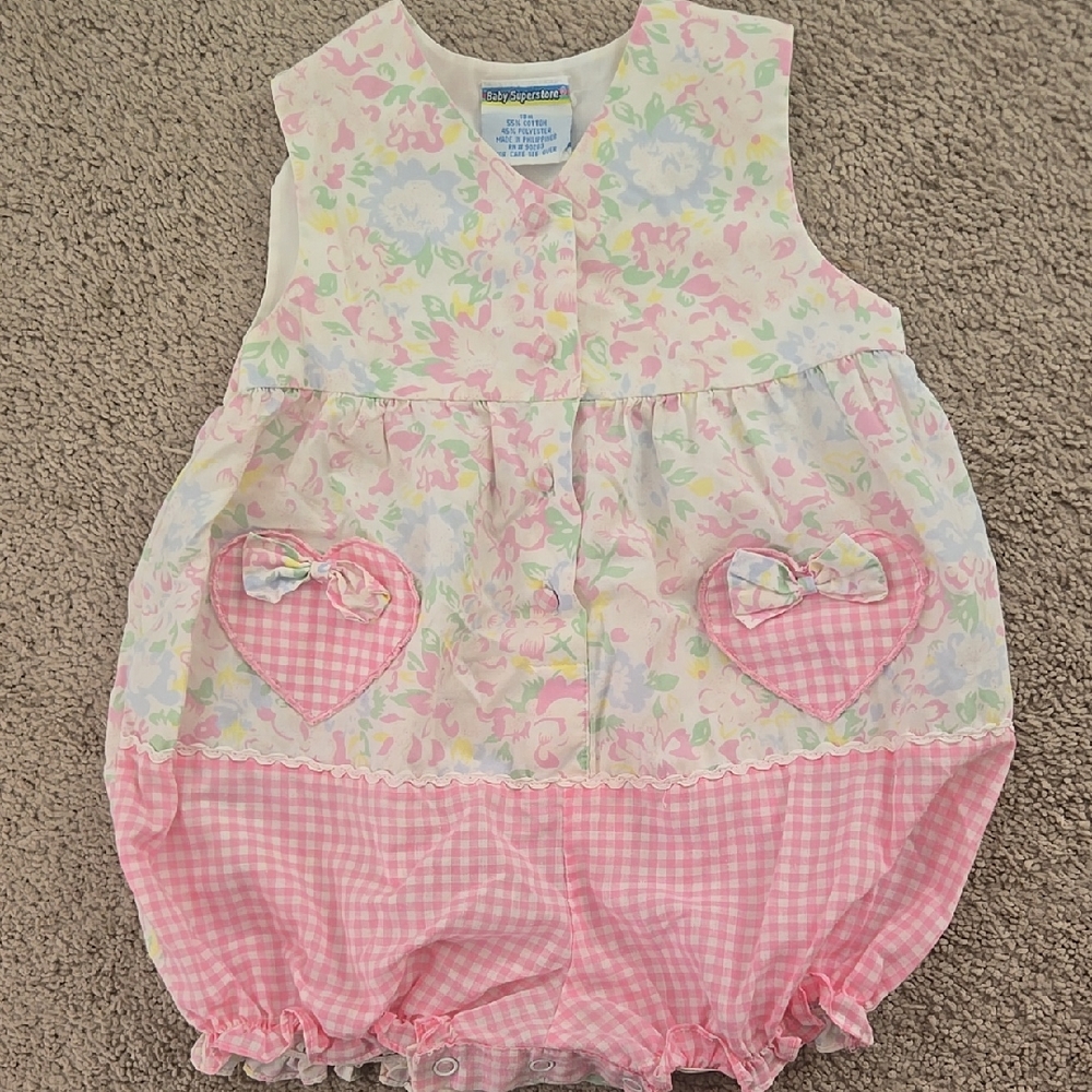 Vintage Baby Superstore Floral and Gingham Heart Spring Baby Onesie Size:18month